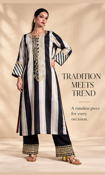 Black & Off-White Striped Crepe Silk Kurta Set with Gold Aari Work