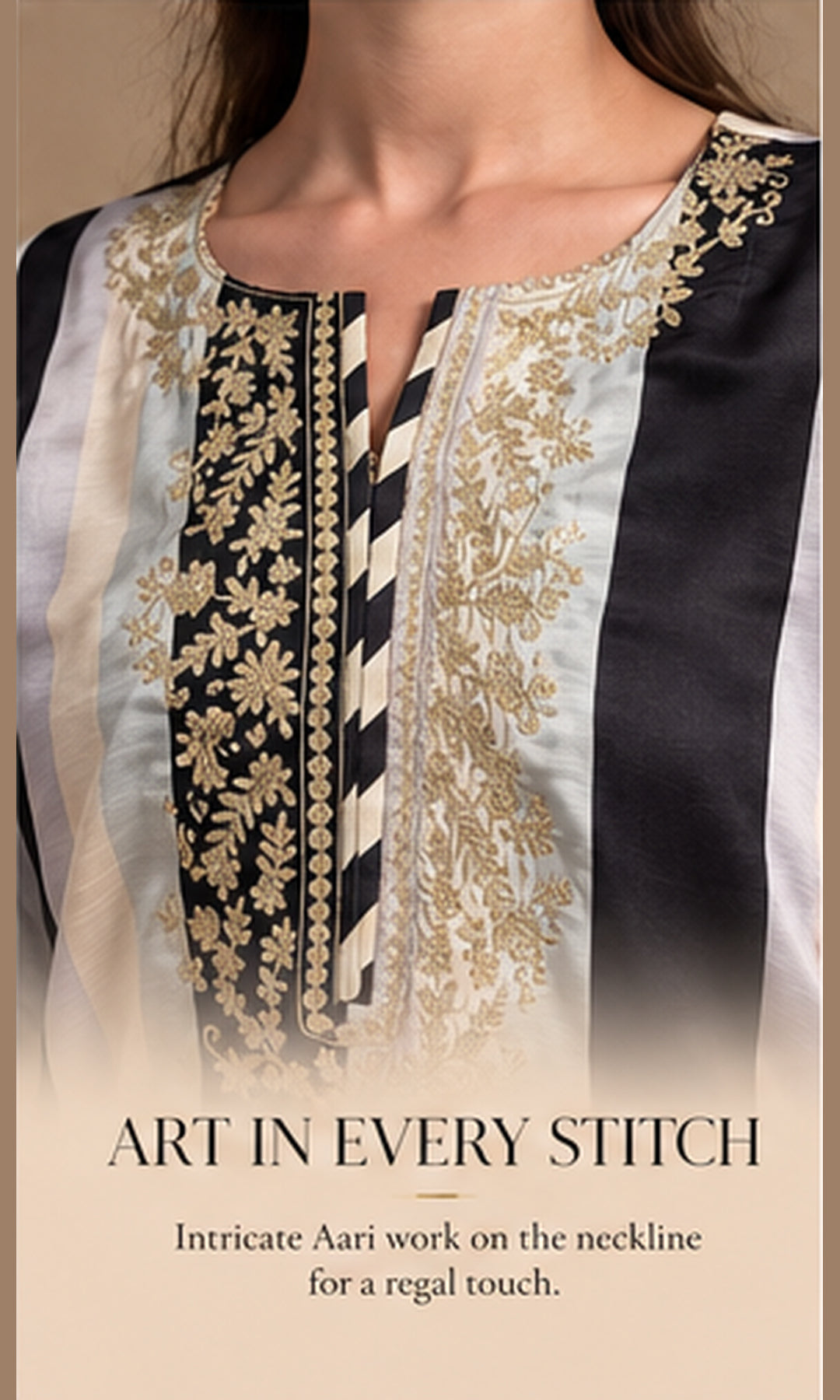 Black & Off-White Striped Crepe Silk Kurta Set with Gold Aari Work