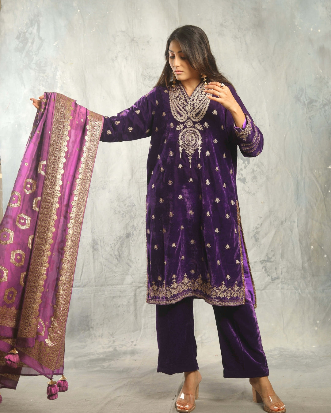 SUFI- Purple Silk Velvet Long top and Pant with Dupatta