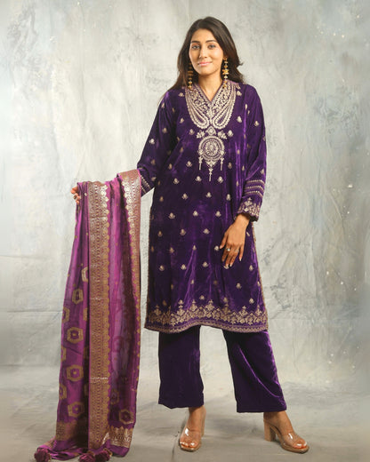 SUFI- Purple Silk Velvet Long top and Pant with Dupatta