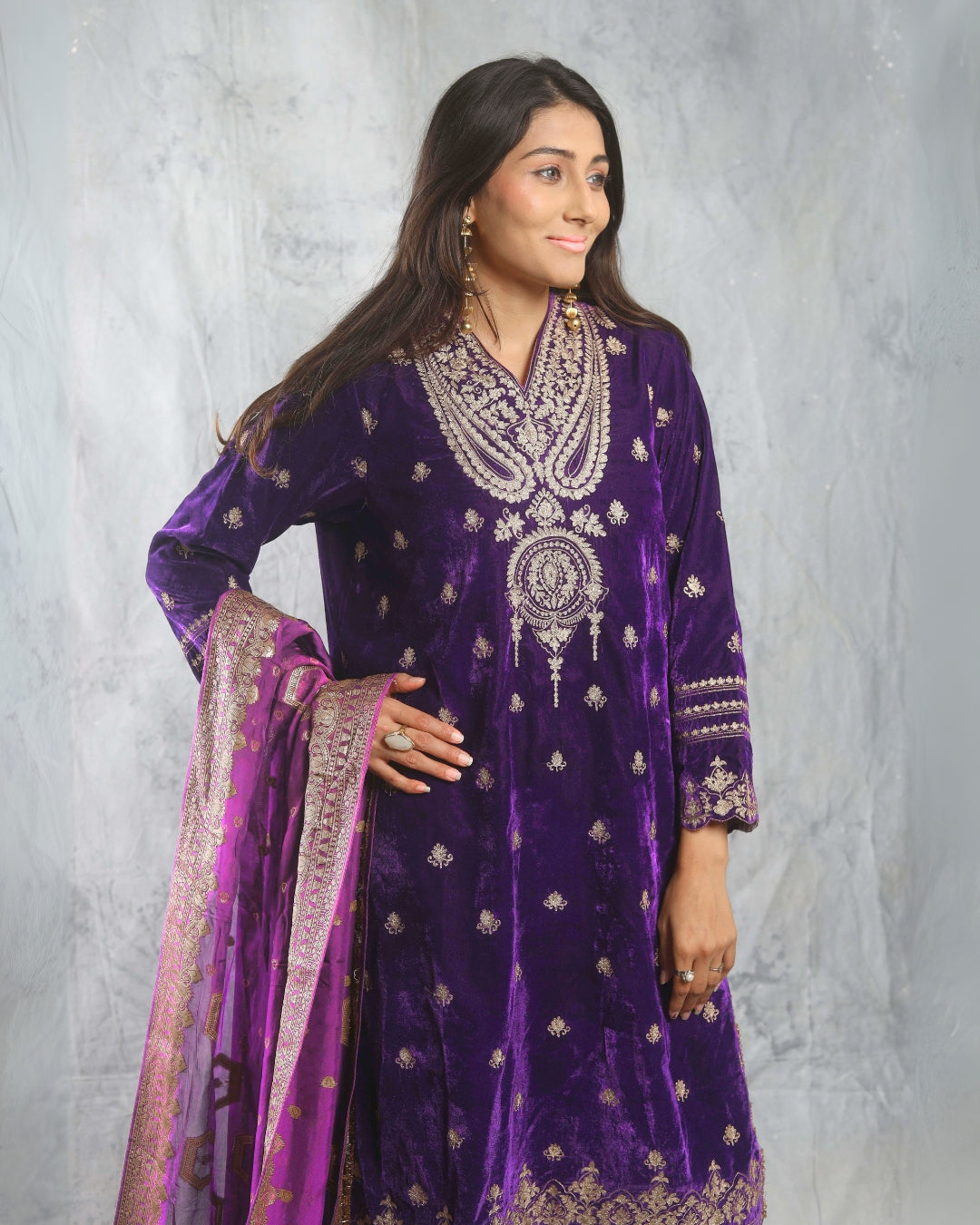 SUFI- Purple Silk Velvet Long top and Pant with Dupatta