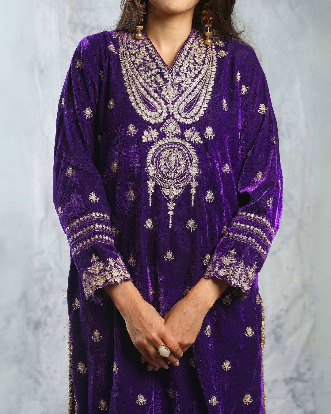 SUFI- Purple Silk Velvet Long top and Pant with Dupatta