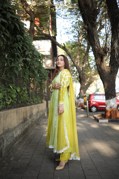 Anarkali with gathers and  straight pants inside Sleeves Fully embroiderd