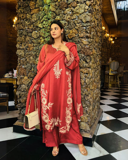 Long kurta with flair pants and organza silk dupatta