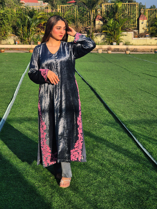Velvet Silk Long Kurta Set with Dori Detailing on Slits and Pocket