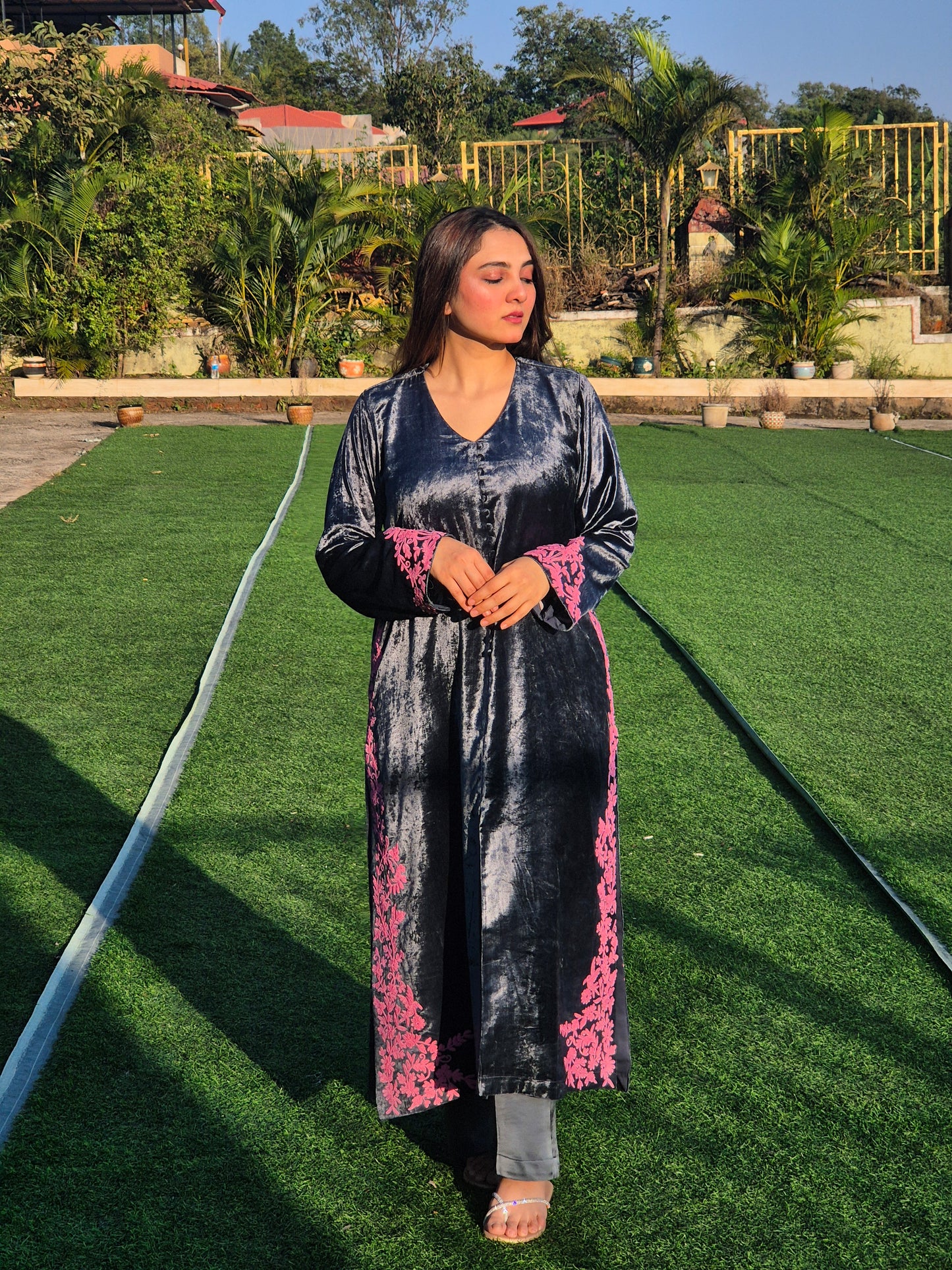 Velvet Silk Long Kurta Set with Dori Detailing on Slits and Pocket