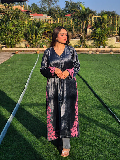 Velvet Silk Long Kurta Set with Dori Detailing on Slits and Pocket