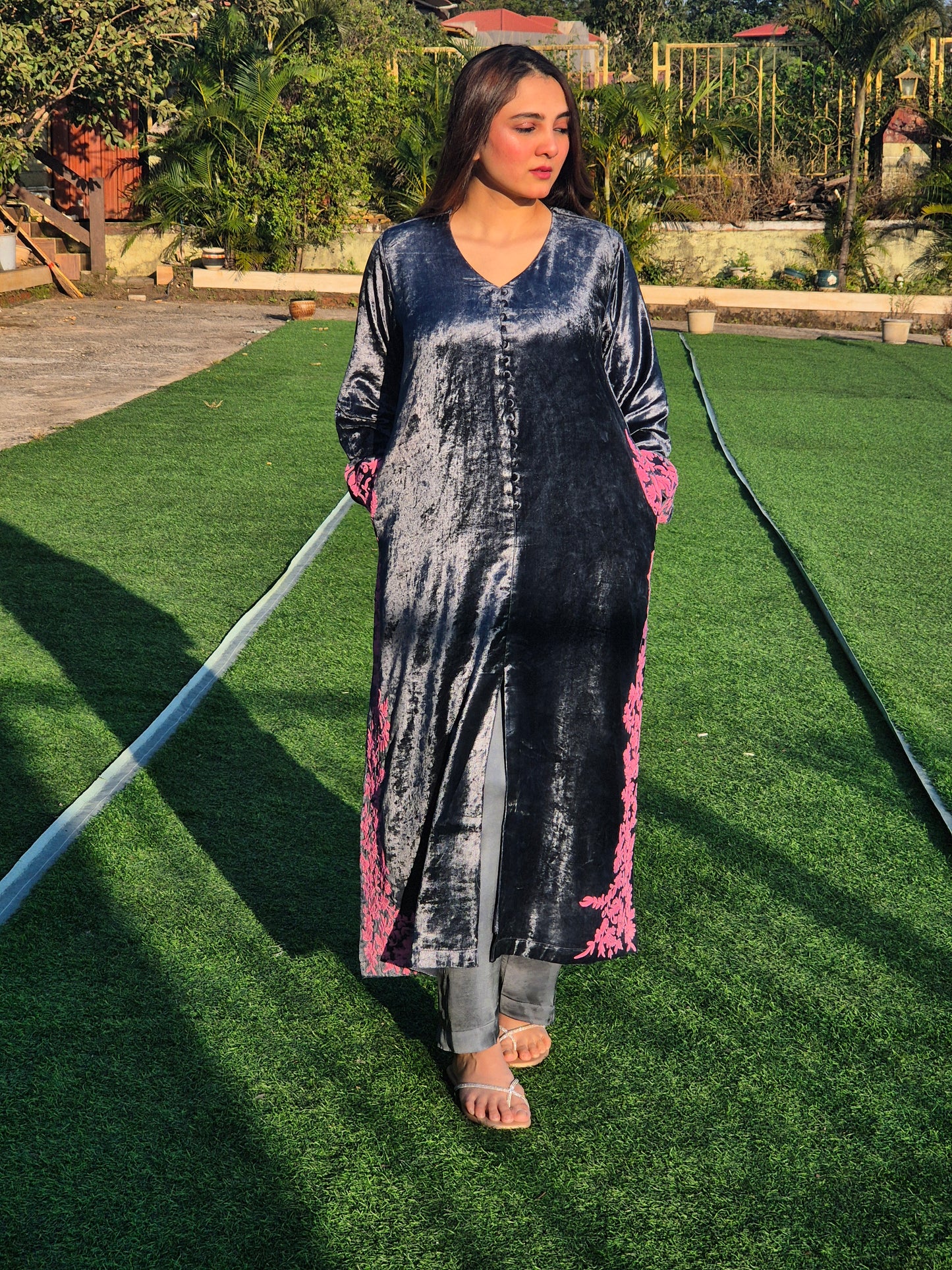 Velvet Silk Long Kurta Set with Dori Detailing on Slits and Pocket