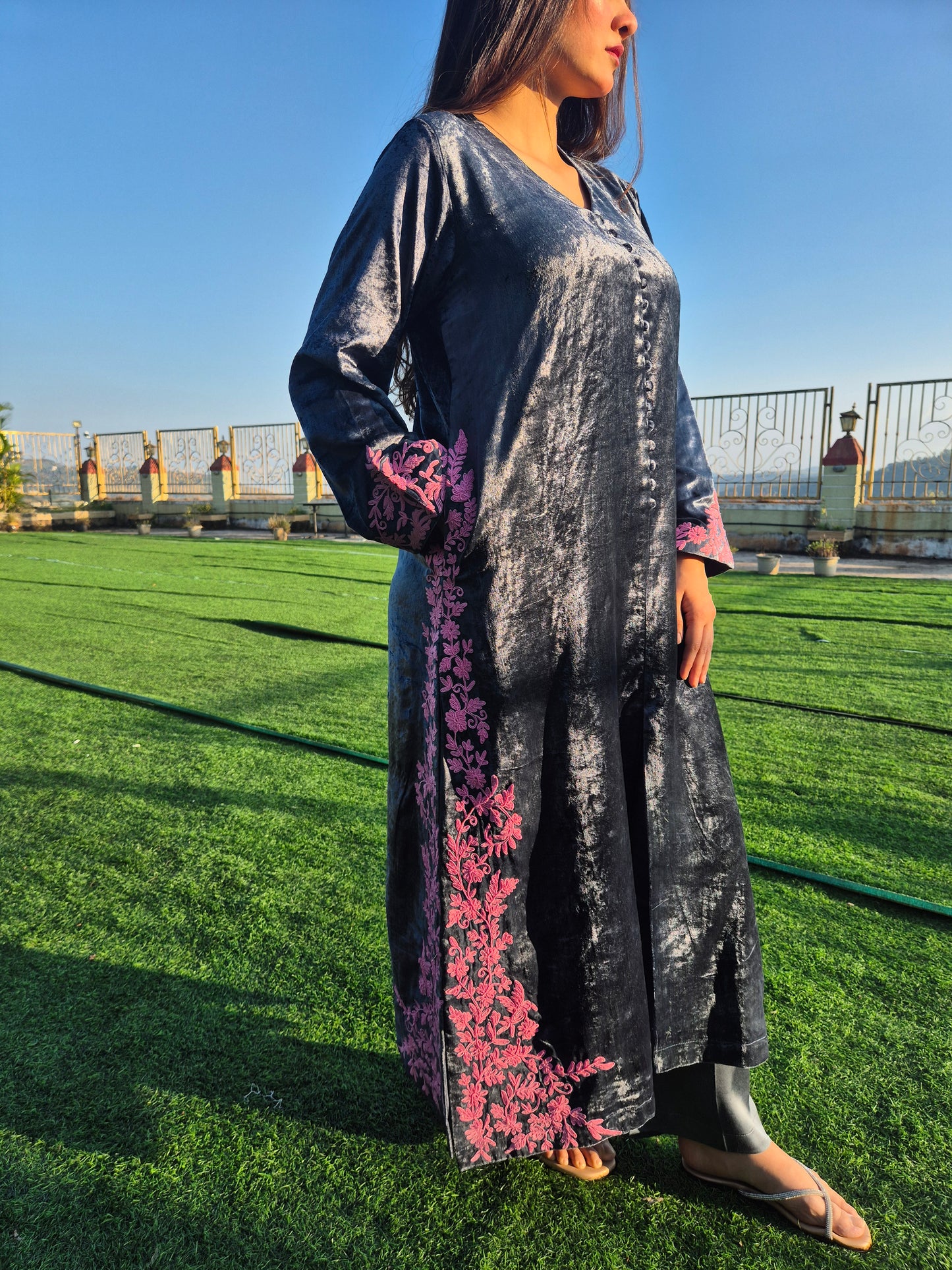 Velvet Silk Long Kurta Set with Dori Detailing on Slits and Pocket