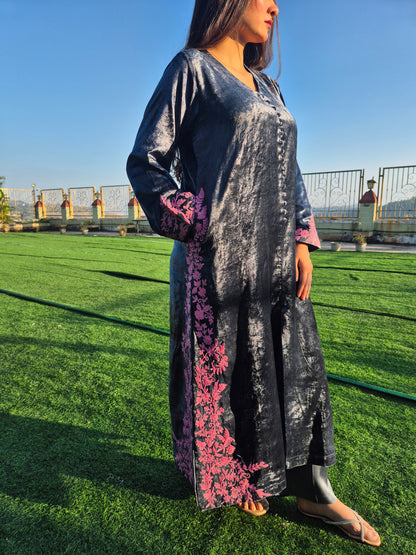 Velvet Silk Long Kurta Set with Dori Detailing on Slits and Pocket