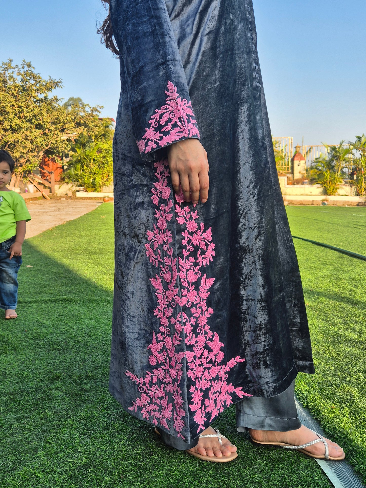 Velvet Silk Long Kurta Set with Dori Detailing on Slits and Pocket