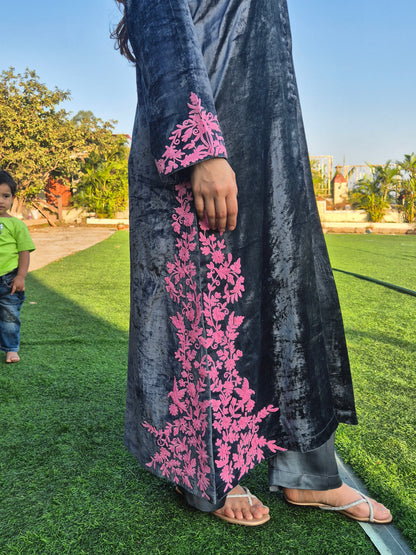 Velvet Silk Long Kurta Set with Dori Detailing on Slits and Pocket