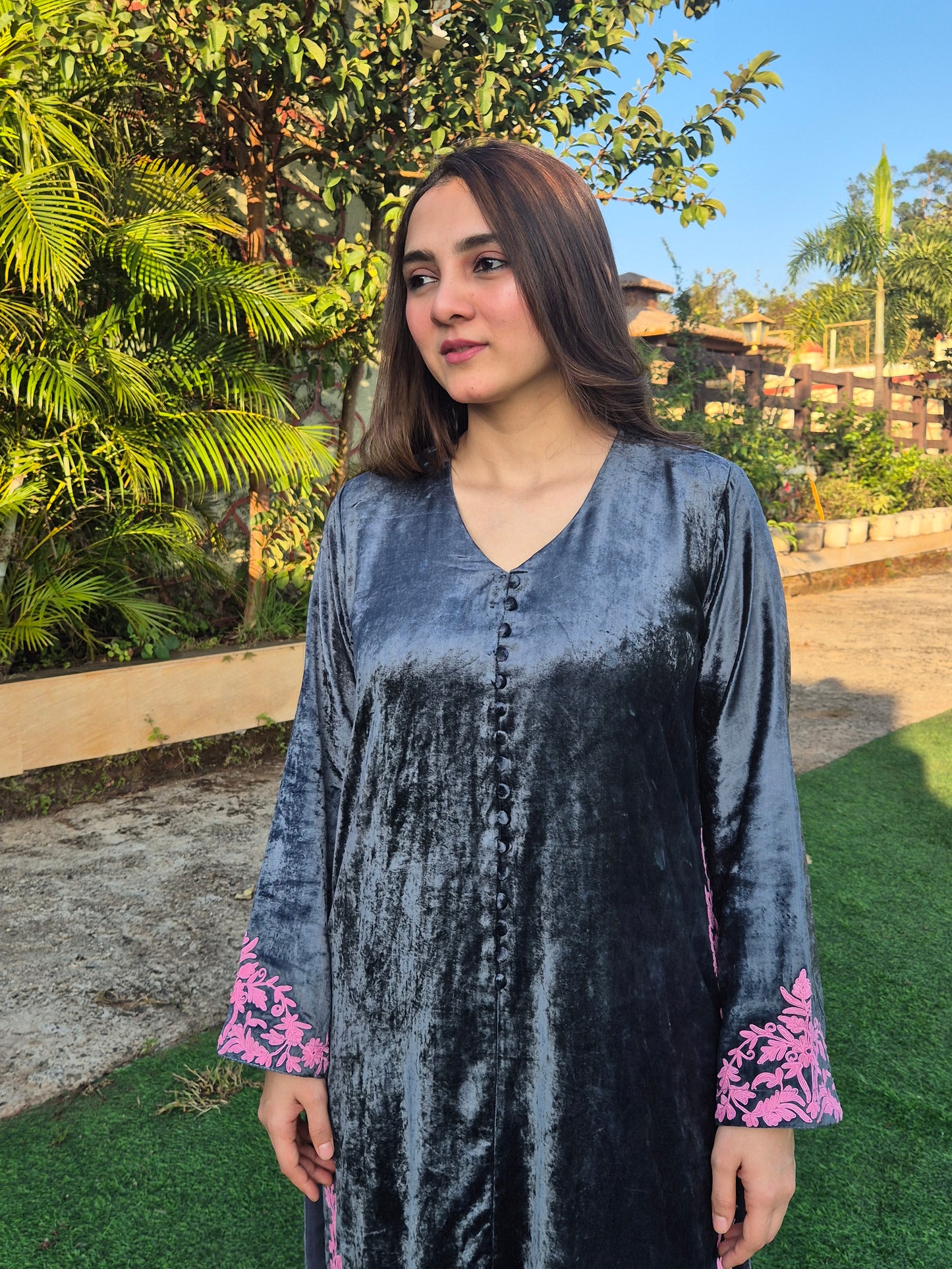 Velvet Silk Long Kurta Set with Dori Detailing on Slits and Pocket