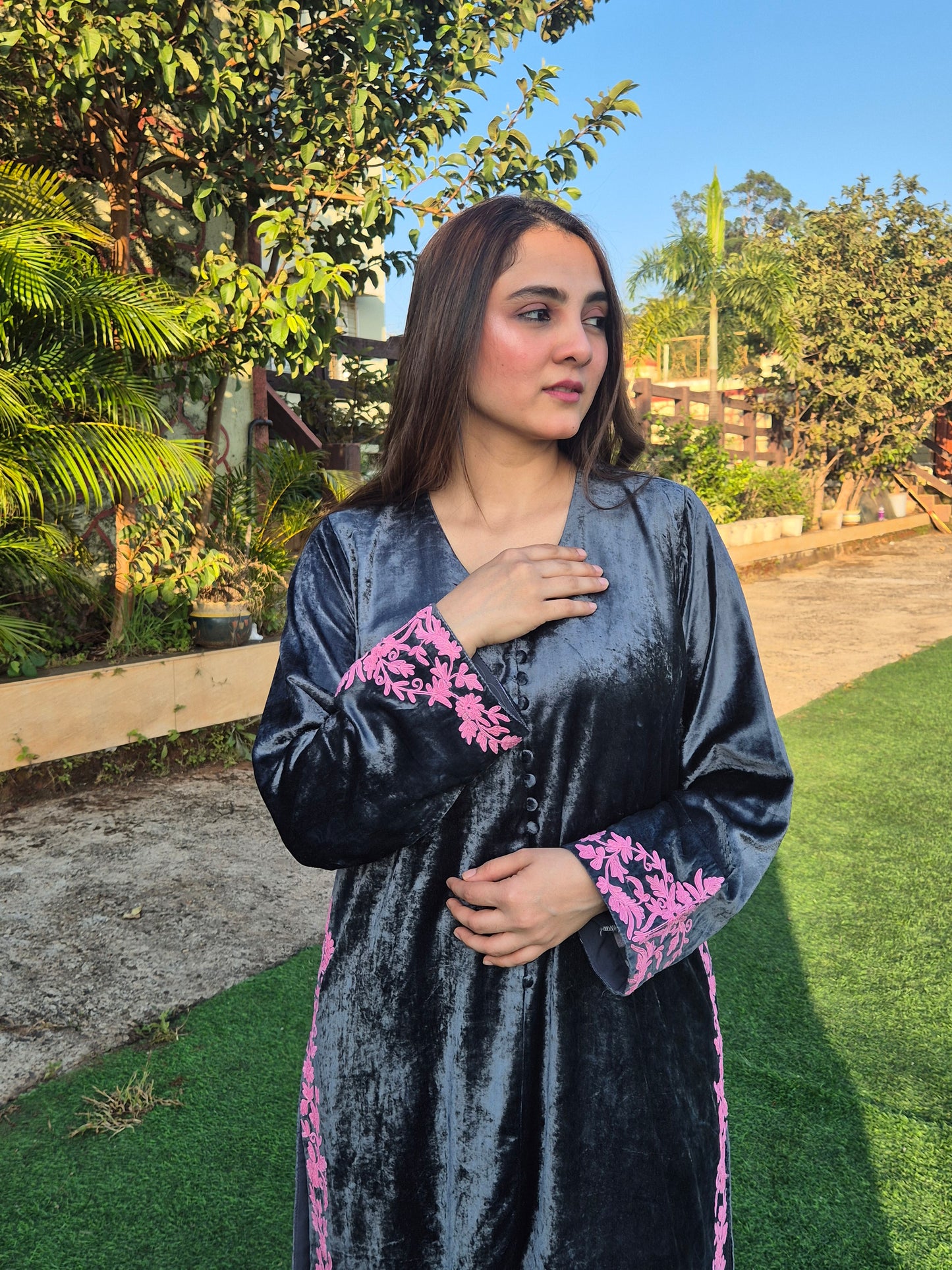 Velvet Silk Long Kurta Set with Dori Detailing on Slits and Pocket