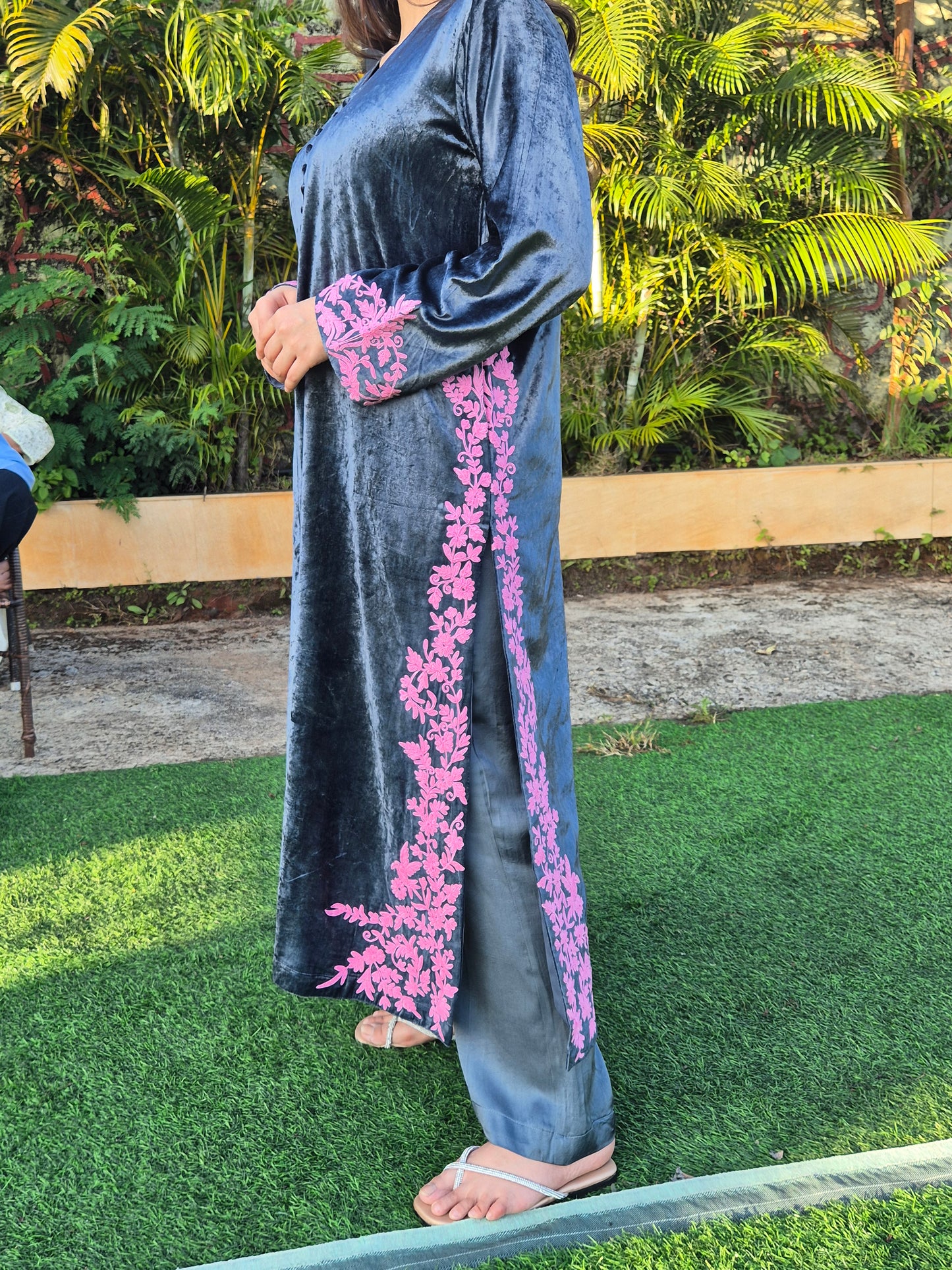 Velvet Silk Long Kurta Set with Dori Detailing on Slits and Pocket