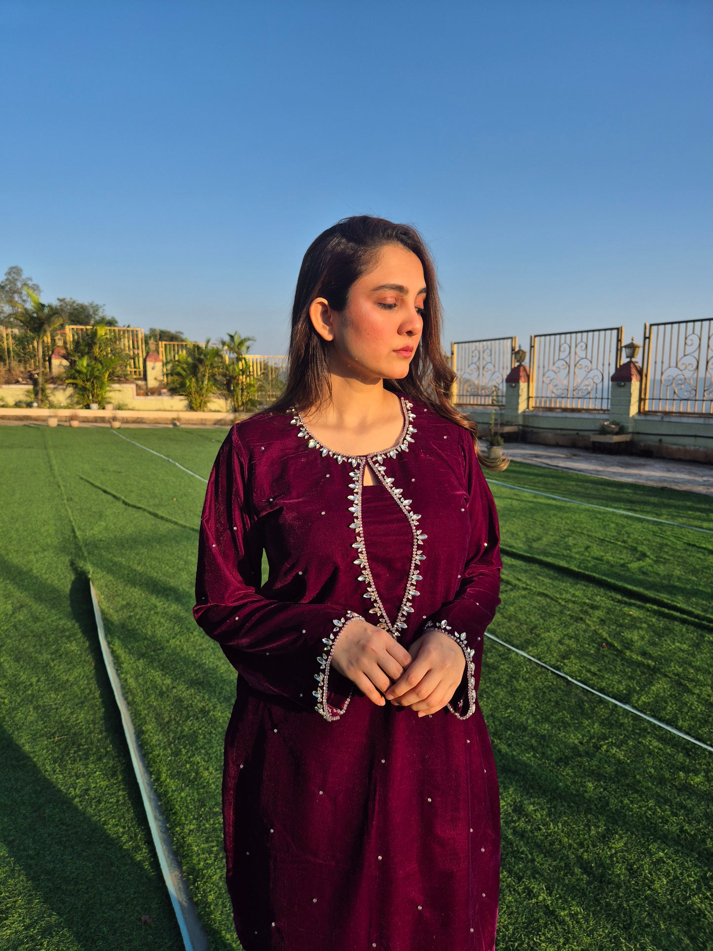 Wine Velvet Handworked Crystal Co-ord Set