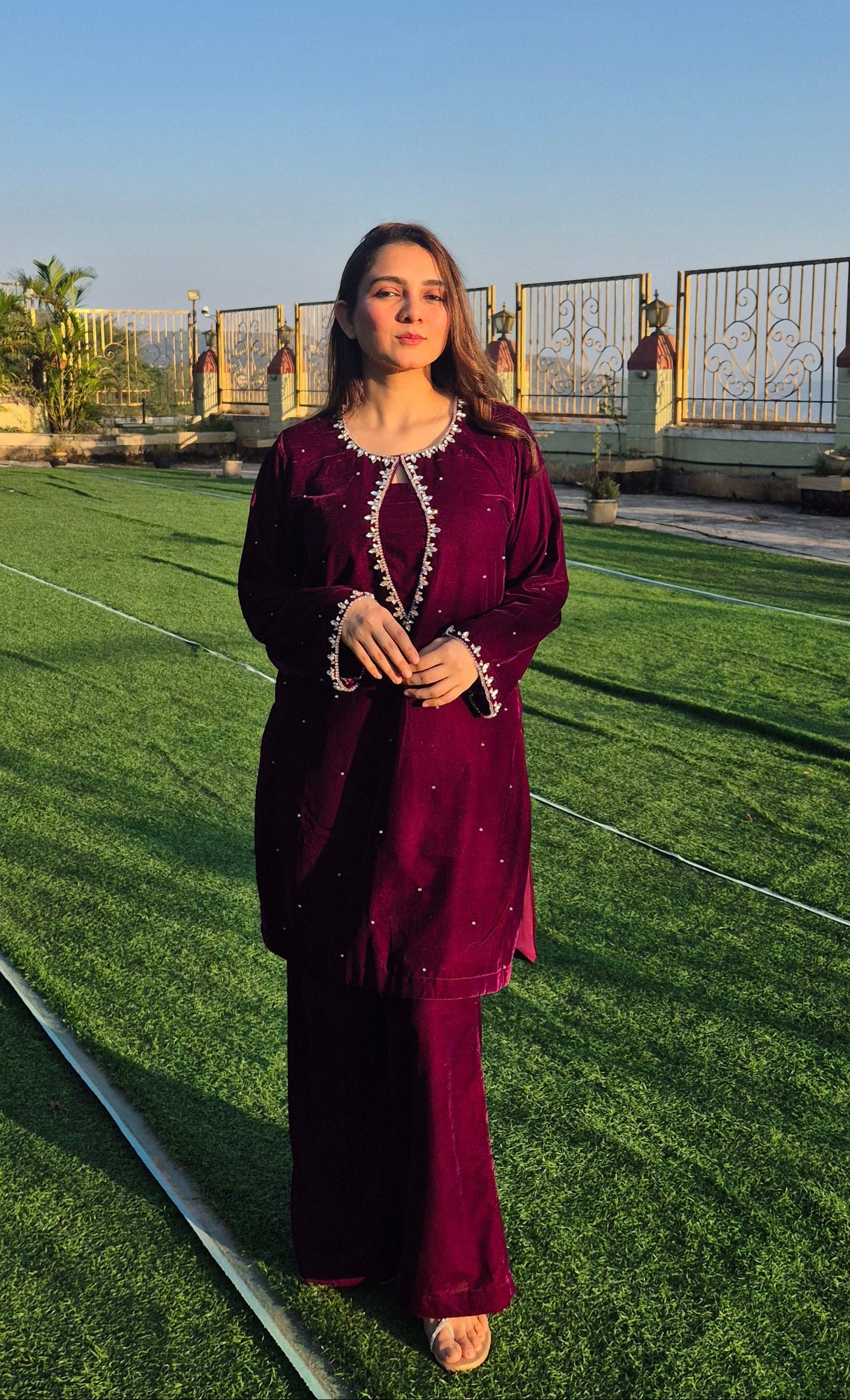 Wine Velvet Handworked Crystal Co-ord Set