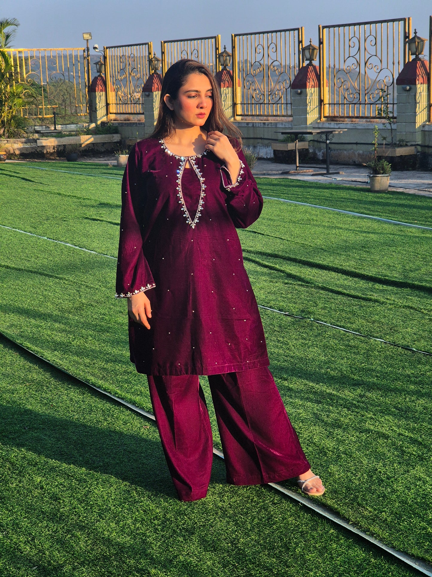 Wine Velvet Handworked Crystal Co-ord Set