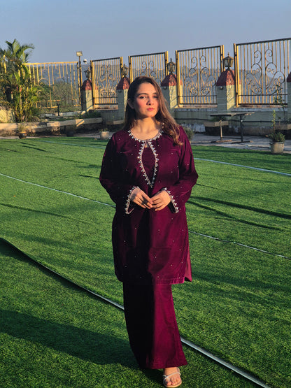 Wine Velvet Handworked Crystal Co-ord Set