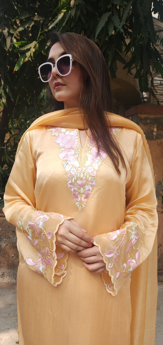 Beige Gold Embroidered Long Kurta with Cuff Pants and Dupatta