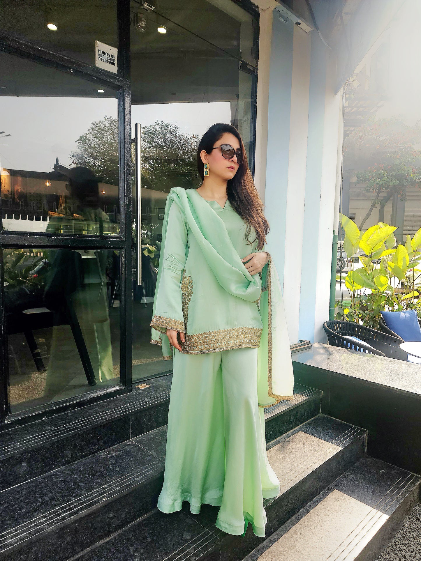 Pista Green Silk Short Top with Umbrella Pants & Dupatta