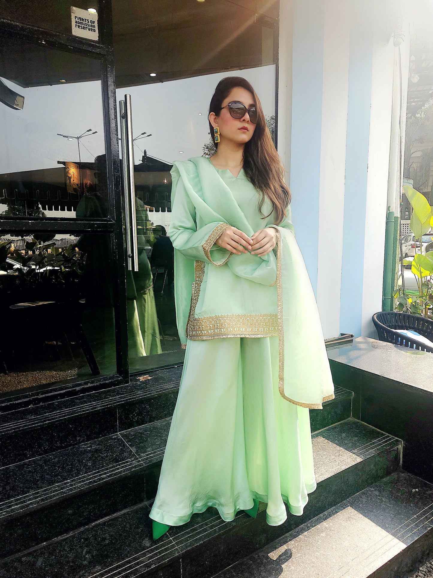Pista Green Silk Short Top with Umbrella Pants & Dupatta