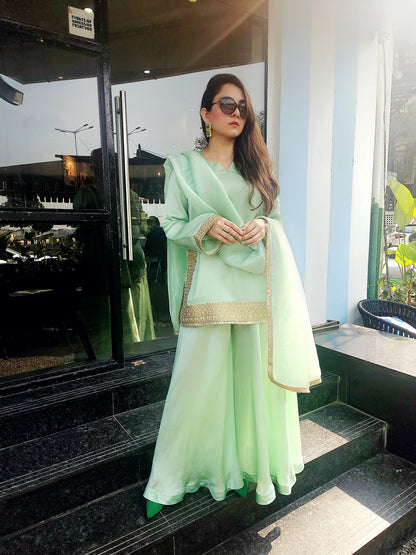 Pista Green Silk Short Top with Umbrella Pants & Dupatta