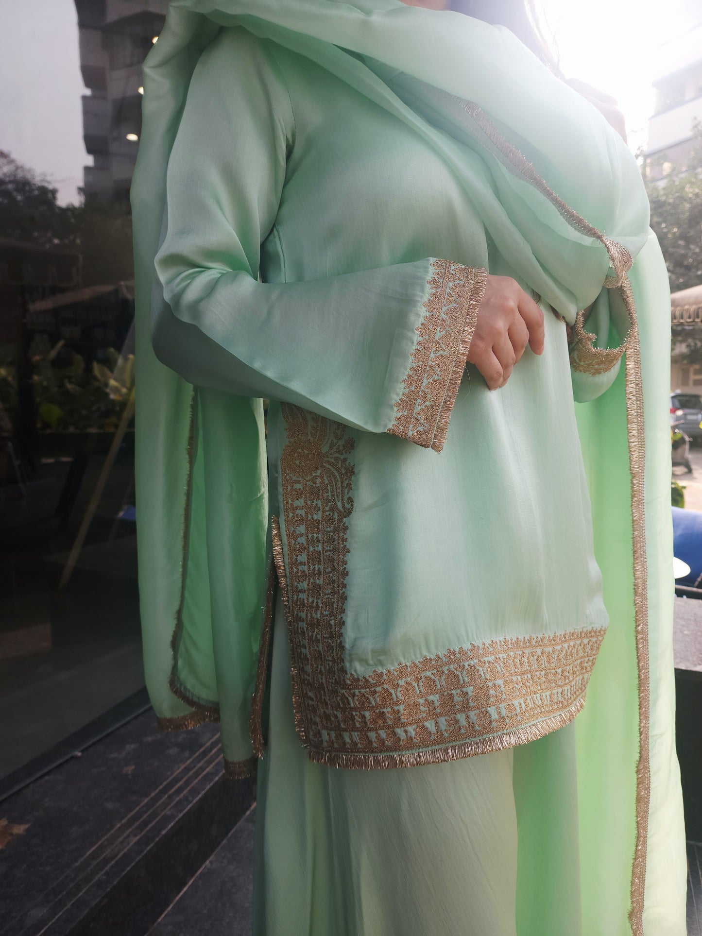 Pista Green Silk Short Top with Umbrella Pants & Dupatta