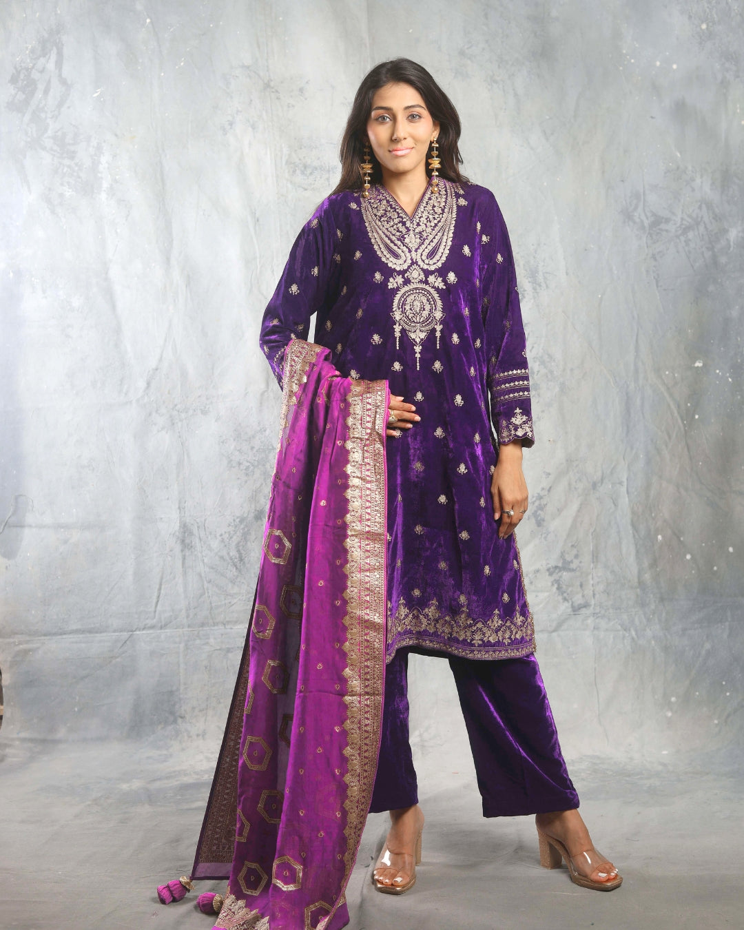 SUFI- Purple Silk Velvet Long top and Pant with Dupatta