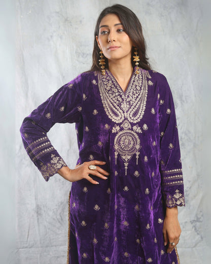 SUFI- Purple Silk Velvet Long top and Pant with Dupatta