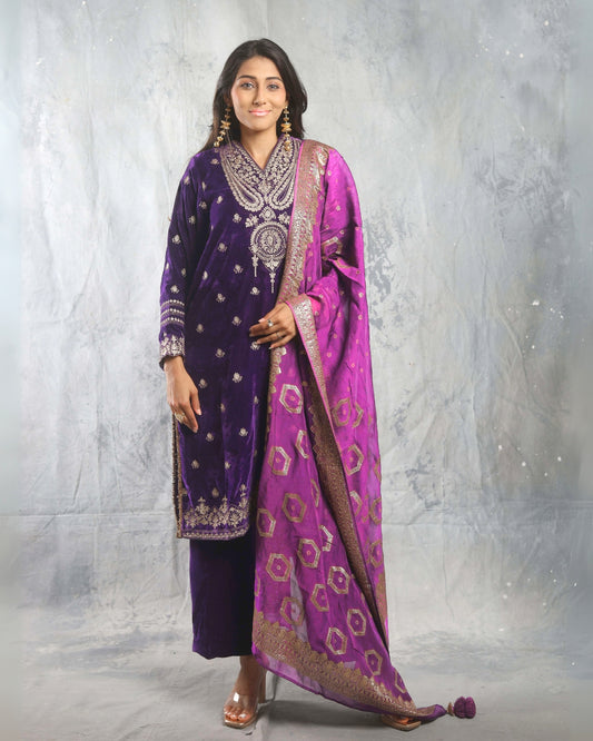 SUFI- Purple Silk Velvet Long top and Pant with Dupatta