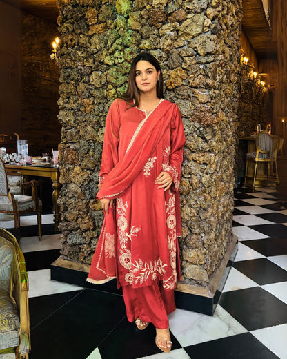 Long kurta with flair pants and organza silk dupatta