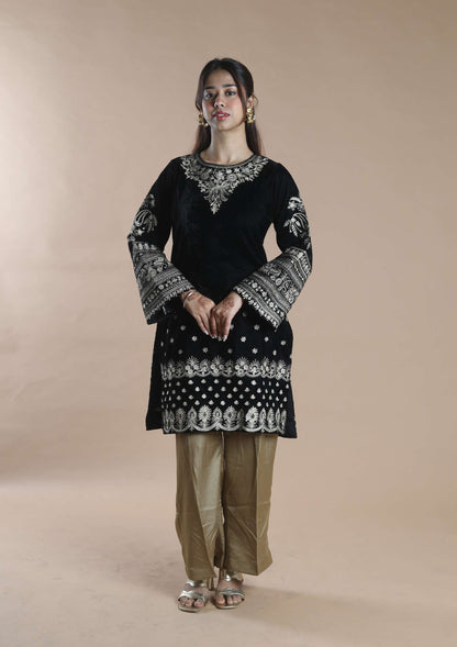 SUFI- Velvet Bell Sleeves Top and Pant with Organza Silk Dupatta