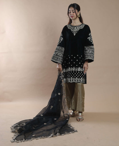 SUFI- Velvet Bell Sleeves Top and Pant with Organza Silk Dupatta