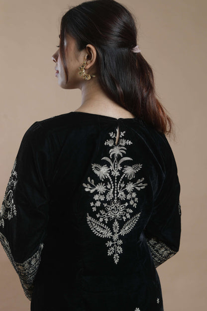 SUFI- Velvet Bell Sleeves Top and Pant with Organza Silk Dupatta