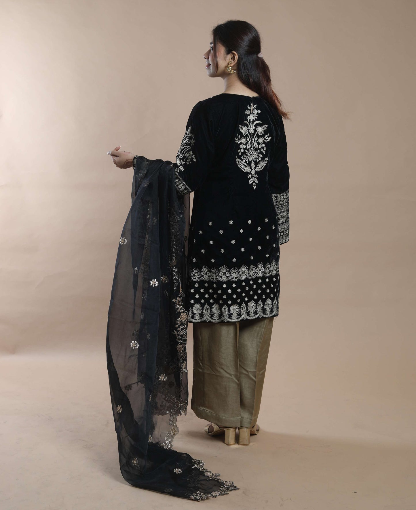 SUFI- Velvet Bell Sleeves Top and Pant with Organza Silk Dupatta