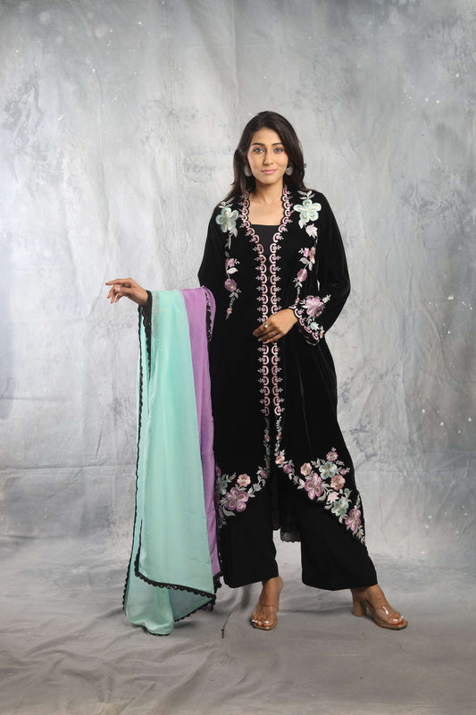 SUFI- Velvet Long jacket with inner, pant and shaded dupatta