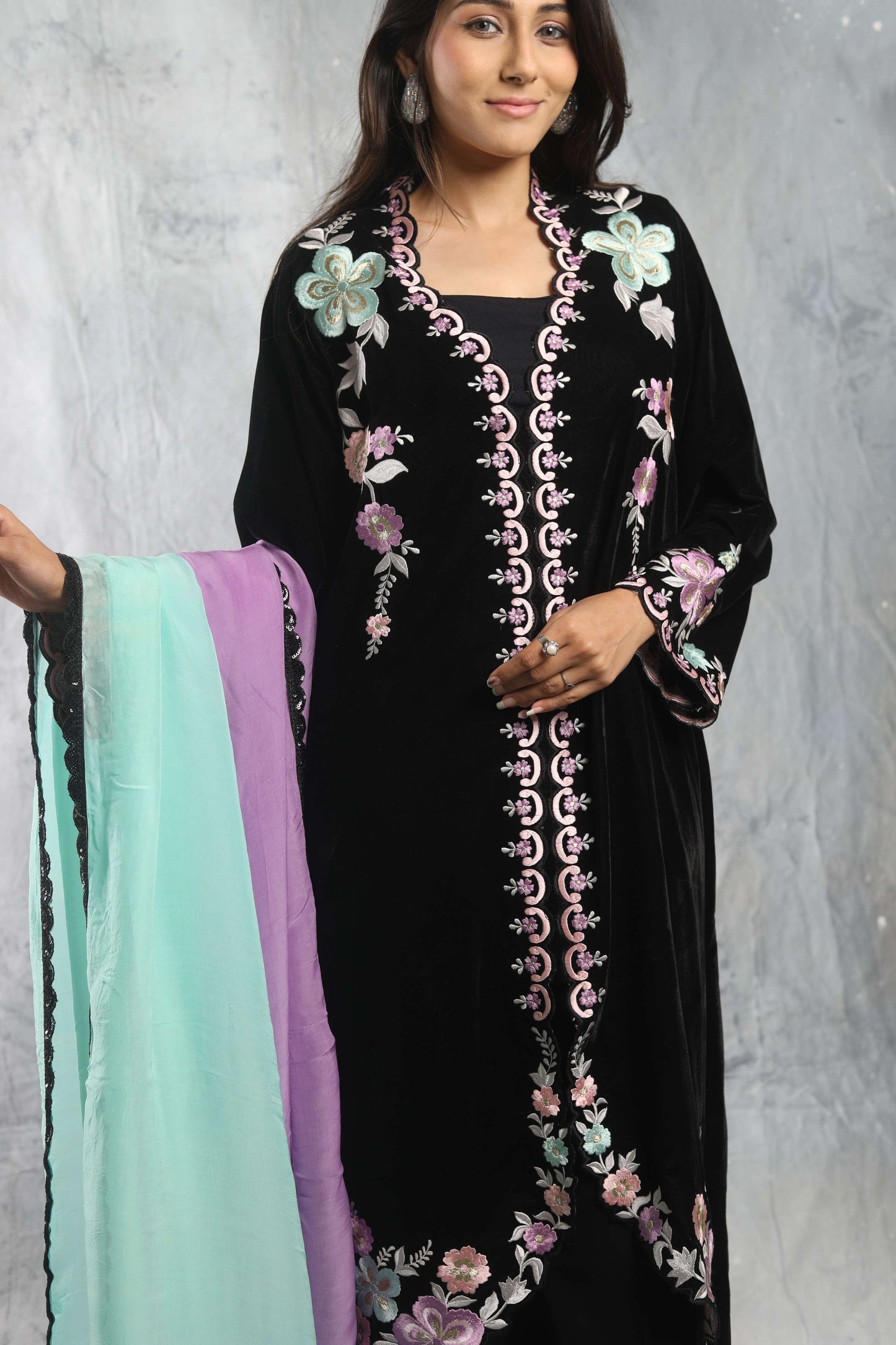 SUFI- Velvet Long jacket with inner, pant and shaded dupatta