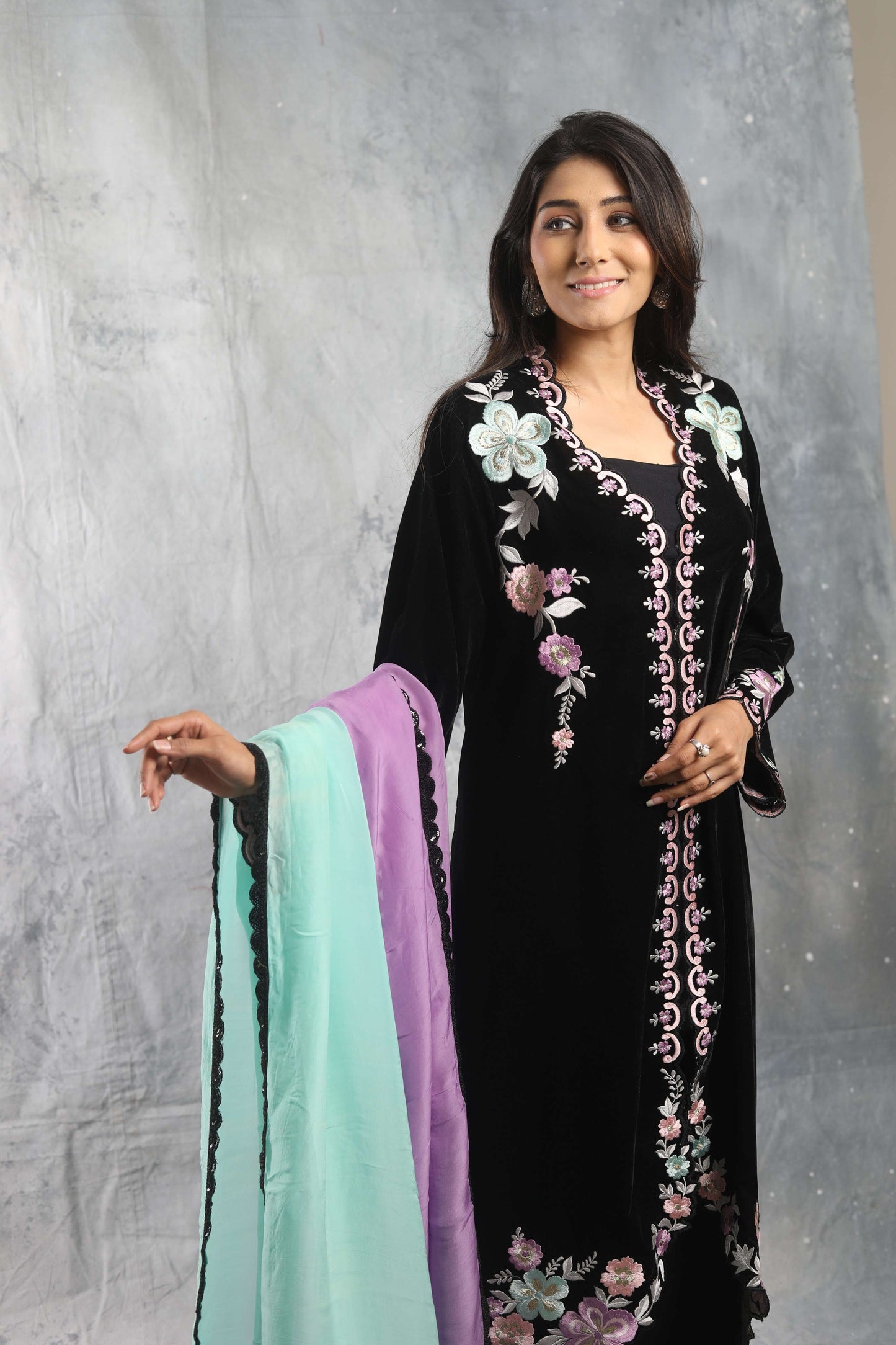 SUFI- Velvet Long jacket with inner, pant and shaded dupatta