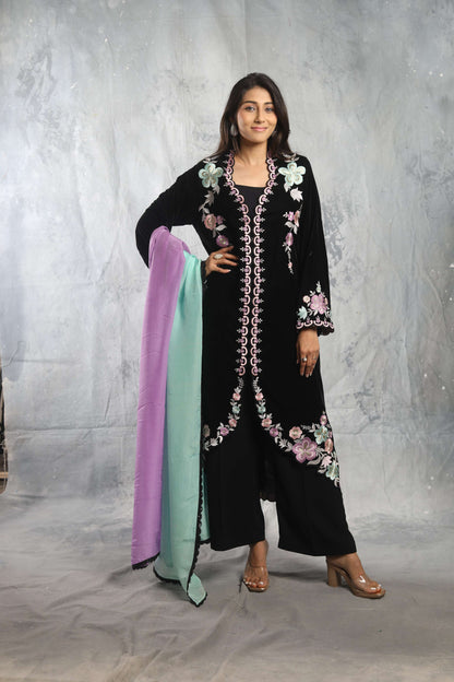 SUFI- Velvet Long jacket with inner, pant and shaded dupatta