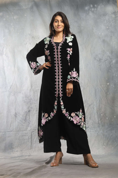 SUFI- Velvet Long jacket with inner, pant and shaded dupatta