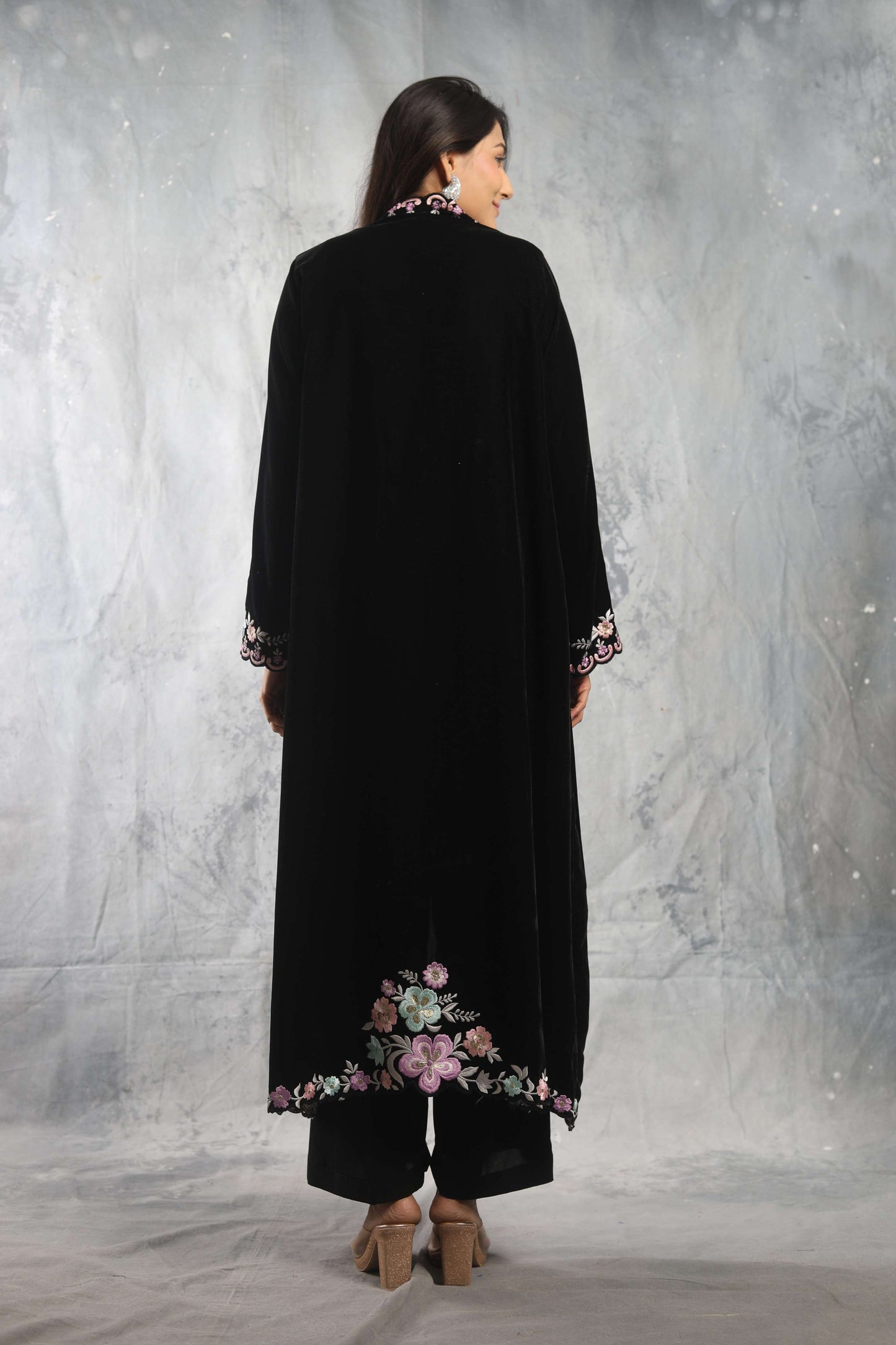 SUFI- Velvet Long jacket with inner, pant and shaded dupatta