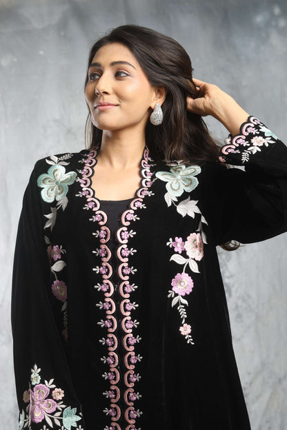 SUFI- Velvet Long jacket with inner, pant and shaded dupatta