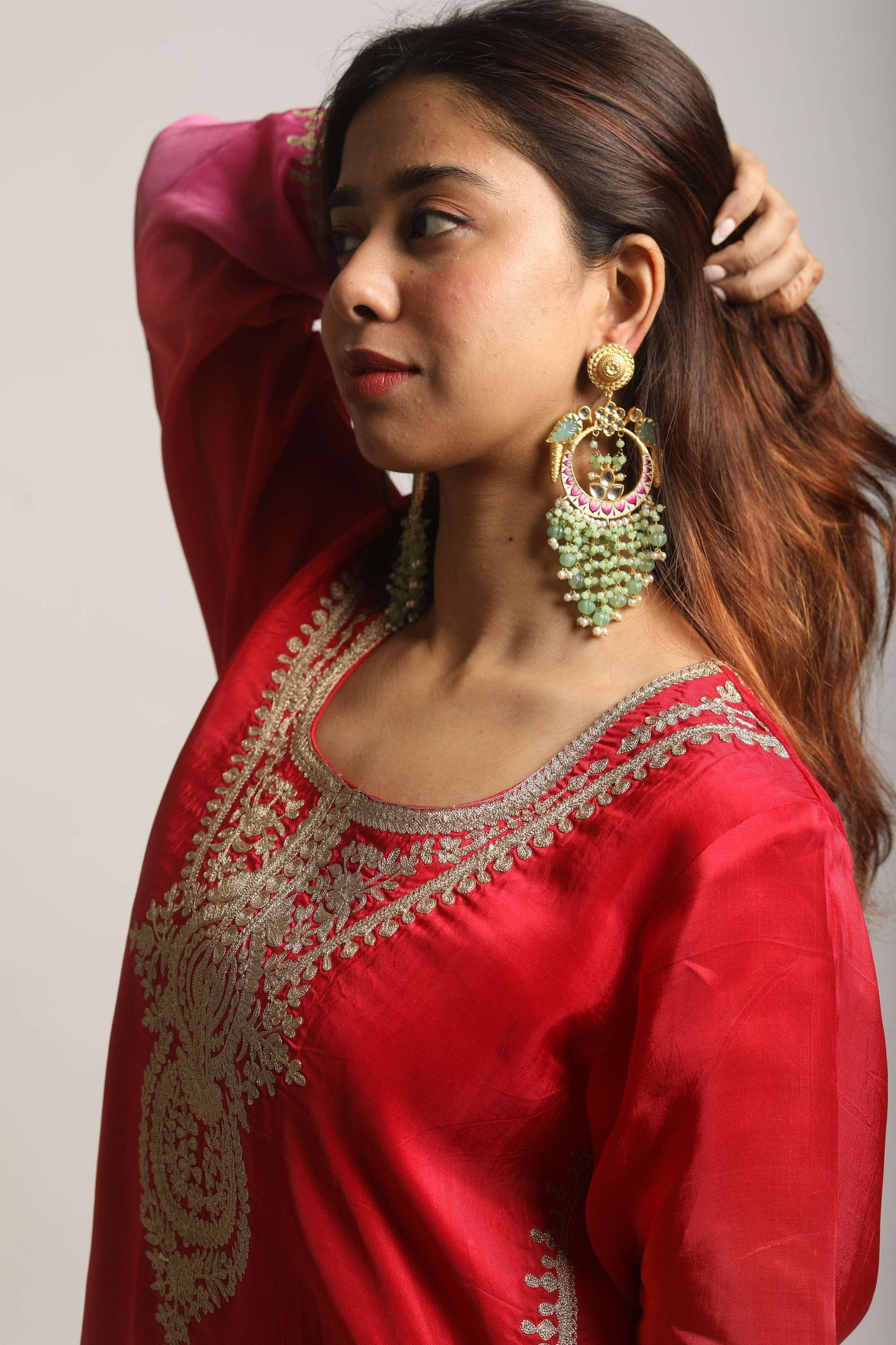 Light Green Meenakari Beads Earrings Brass Chandbali Earring