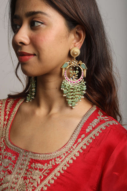 Light Green Meenakari Beads Earrings Brass Chandbali Earring