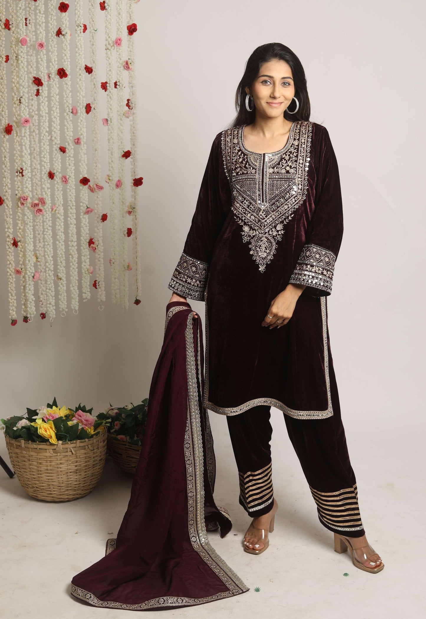 SUFI- Velvet Aari and mirror work Long kurta with Salwar and Dupatta