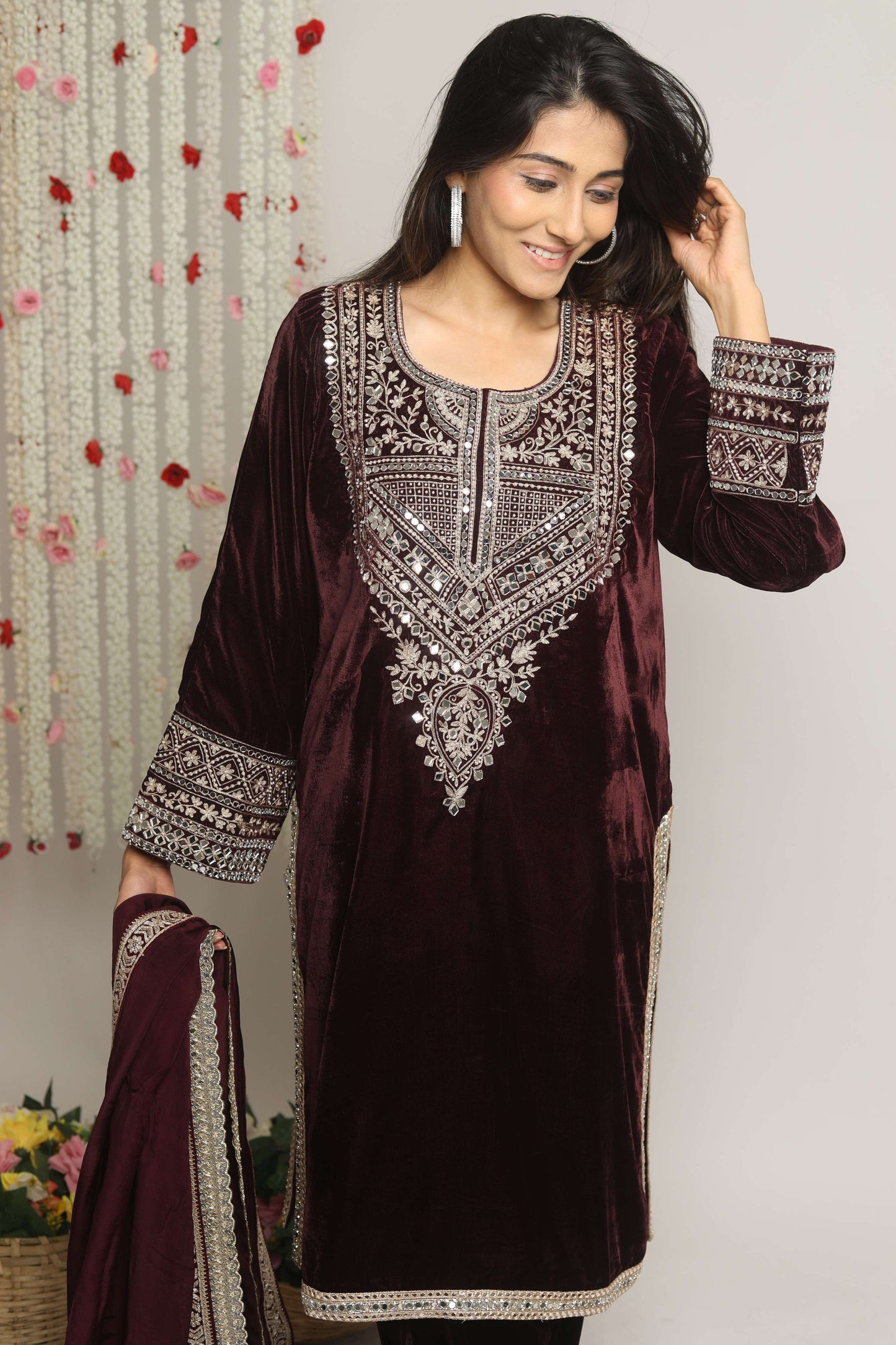 SUFI- Velvet Aari and mirror work Long kurta with Salwar and Dupatta