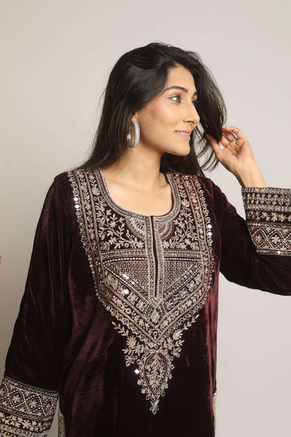 SUFI- Velvet Aari and mirror work Long kurta with Salwar and Dupatta