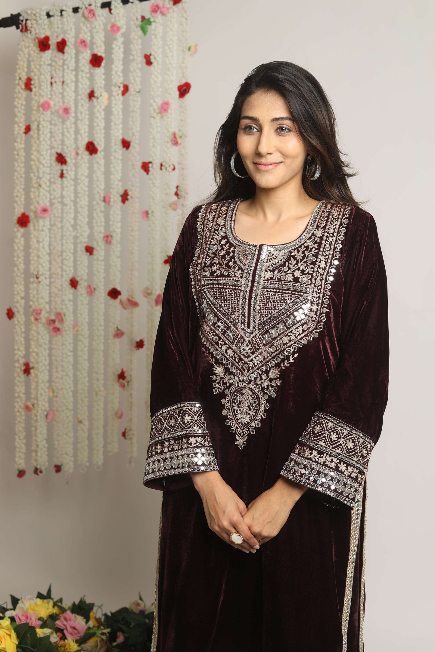 SUFI- Velvet Aari and mirror work Long kurta with Salwar and Dupatta