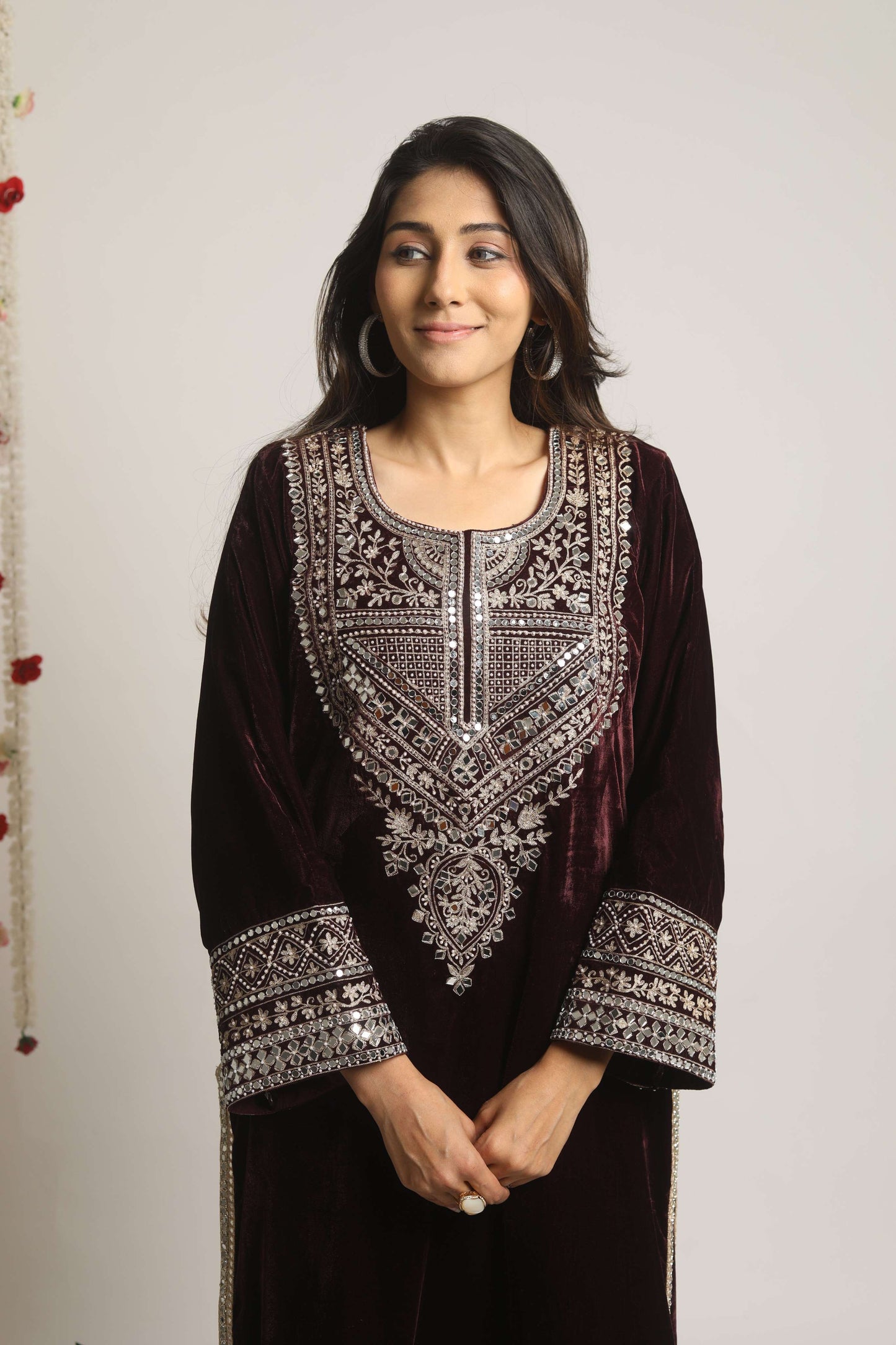 SUFI- Velvet Aari and mirror work Long kurta with Salwar and Dupatta